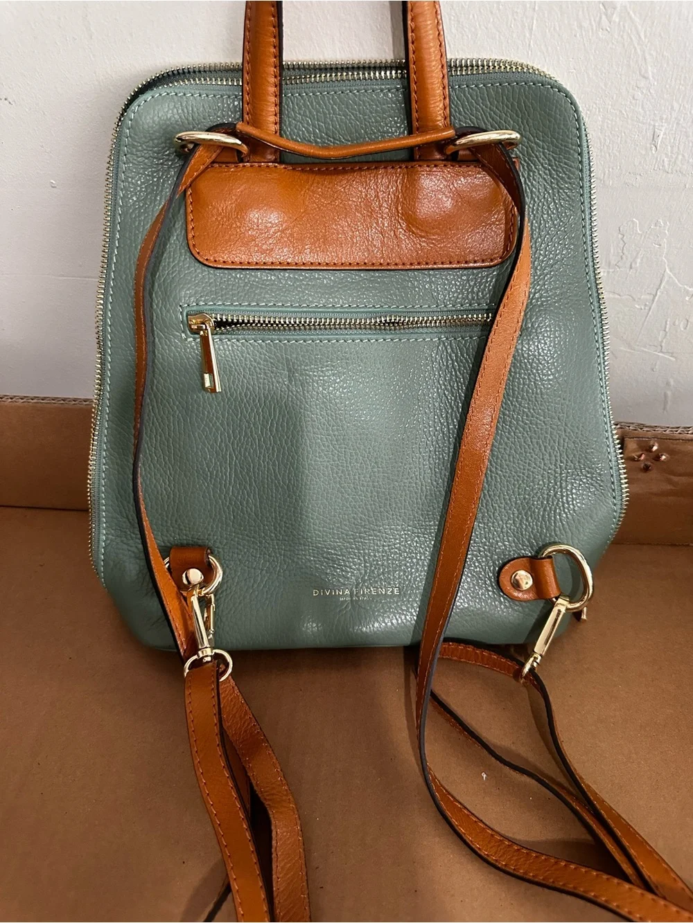 Sage Green and Tan Leather Pocket Backpack for Women